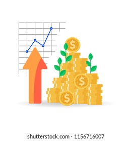 Coins stack with Mutual fund, Income increase, financial strategy performance, interest rate, budget balance, revenue growth, credit money, flat icon, Vector illustration