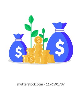 Coins stack with Mutual fund, Income increase, financial strategy performance, interest rate, budget balance, revenue growth, credit money, flat icon, Vector illustration