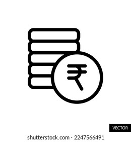 Coins stack, Revenue, Money with Indian Rupee INR symbol vector icon in line style design for website, app, UI, isolated on white background. Editable stroke. EPS 10 vector illustration.