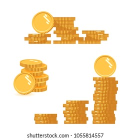 Coins stack set vector illustration, icon flat finance heap, dollar coin pile. Golden money standing on stacked, gold piece isolated on white background - flat style.