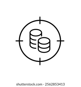 Coins stack in target. Precision investment, goal oriented financial growth. Pixel perfect vector icon