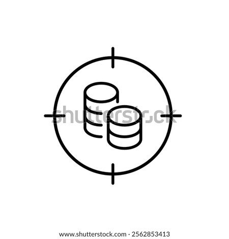 Coins stack in target. Precision investment, goal oriented financial growth. Pixel perfect vector icon