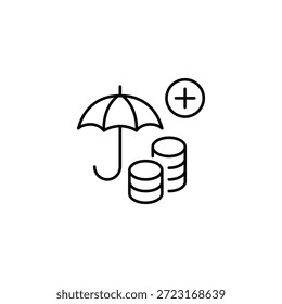 Las monedas se apilan bajo el paraguas y más. Guardar Seguros, finanzas, dinero, cobertura. Icono de Vector de trazo perfecto y editable