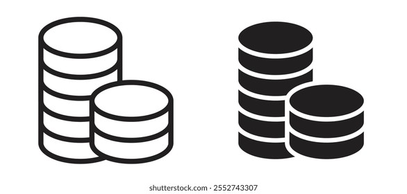 Ícone de vetor de pilha de moedas define o estilo com preenchimento e contorno em preto.