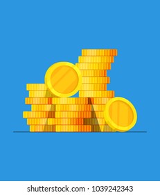 Coins stack vector illustration, flat coin money stacked icon flat, golden penny cash pile, treasure heap isolated on color background