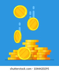 Coins stack vector illustration, flat coin money stacked icon flat, golden penny cash pile, treasure heap isolated on color background