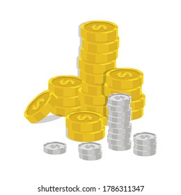 Coins stack vector illustration, flat coin money stacked flat icon, golden penny cash pile, treasure heap isolated on color background, Design for Finance.