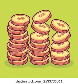 Coins stack vector illustration, flat coin money stacked icon flat, golden penny cash pile, treasure heap isolated