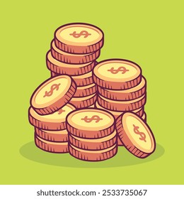 Coins stack vector illustration, flat coin money stacked icon flat, golden penny cash pile, treasure heap isolated