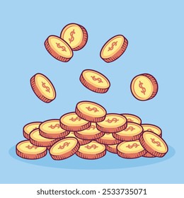 Coins stack vector illustration, flat coin money stacked icon flat, golden penny cash pile, treasure heap isolated