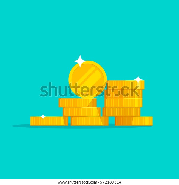 コインのスタックベクターイラスト 平たいコインマネースタックアイコンフラット 金ペニーのキャッシュパイル カラー背景に宝の山 のベクター画像素材 ロイヤリティフリー