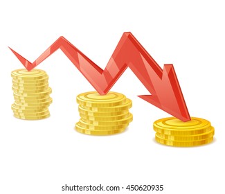 Coins stack vector illustration. Golden money cash. Wealth finance symbol. Red arrow - income earnings decrease.