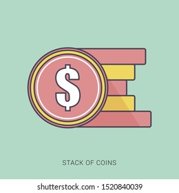 Coins stack vector illustration, coins icon flat, coins pile, coins money. solid color with outline concept.