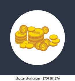 Coins stack vector illustration, coins icon flat, coins pile, coins money, one golden coin
