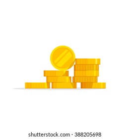 Coins stack vector illustration, coins icon flat, coins pile, coins money, one golden coin standing on stacked gold coins modern design isolated on white background