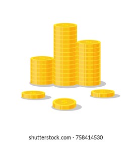 Coins stack vector illustration, icon flat finance heap, dollar coin pile. Golden money standing on stacked, gold piece isolated on white background - flat style