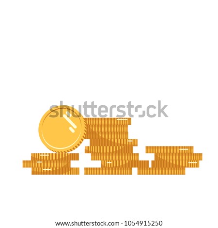 Coins stack vector illustration, coins icon flat, pile,  money, one golden coin standing on stacked gold coins modern design isolated on white background. Digital currency