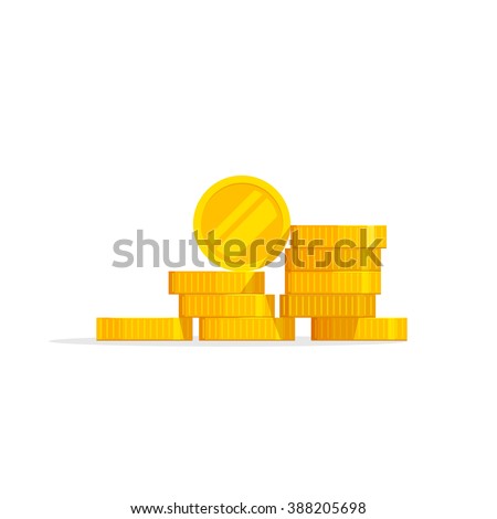 Coins stack vector illustration, coins icon flat, coins pile, coins money, one golden coin standing on stacked gold coins modern design isolated on white background