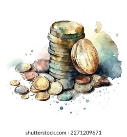 Coins stack vector illustration, watercolor, coins pile, coins money, one golden coin standing on stacked gold coins modern design isolated on white background