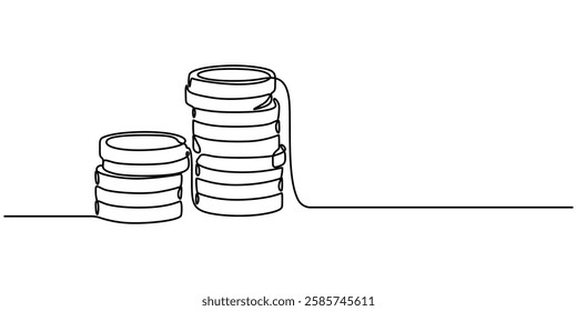 coins stack wealth savings continuous one line drawing, Hand Drawn Group of Coins Icon with editable stroke, dollar sign Minimalism design outline vector, Business icon. Money saving concept vector.