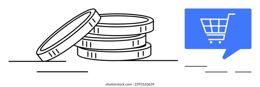 Coins stacked alongside a blue speech bubble with white shopping cart icon. Ideal for e-commerce, financial planning, online shopping, budgeting, market analysis, digital transactions, economic