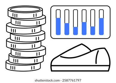 Coins stacked, performance bar chart, and paper boat symbolizing financial growth, investments, and progress. Ideal for financial planning, investment growth, economic development, business strategy