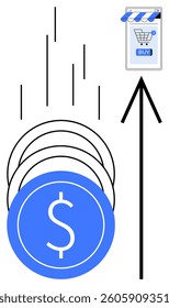 Coins stacking with an arrow pointing upwards towards a mobile shopping cart BUY icon. Ideal for online shopping, e-commerce, financial growth, investment, digital marketplace, and economic trends