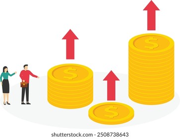 Münzstapel mit Aufwärtspfeilen zur Erhöhung der Inflation.

