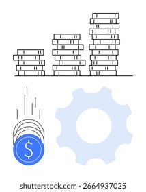 Coins stacking into piles, falling coins, and a cogwheel representing financial growth. Ideal for economics, business strategies, financial planning, investment ideas, wealth management, process