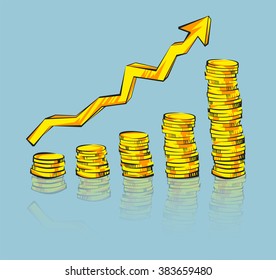 Coins stacks with reflection,  increasing arrow in retro cartoon style. Golden money vector illustration. Business success, bank credits, deposit, investment, saving, fortune concepts. Vintage graphic