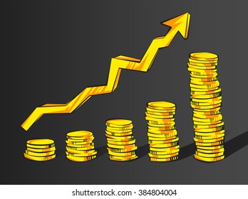 Coins stacks with shadows,  increasing arrow in retro cartoon style. Golden money vector illustration. Business success, bank credits, deposit, investment, saving, fortune concepts. Vintage graphic