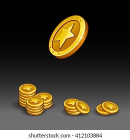 coins star icons gold color black background set illustration vector