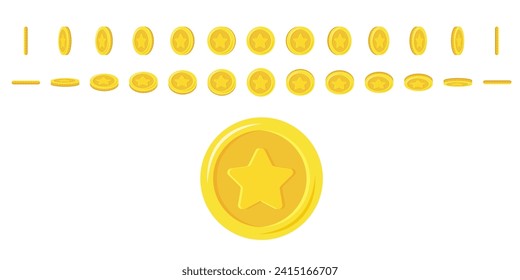 Las monedas empiezan a rotar. Juego de monedas de oro de rotación en diferentes ángulos para la animación. Ilustración vectorial plana.