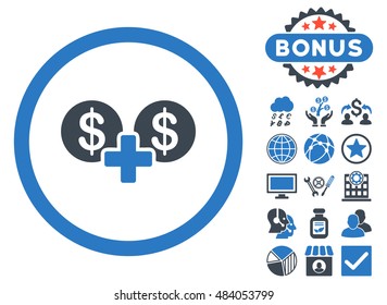 Coins Sum icon with bonus design elements. Vector illustration style is flat iconic bicolor symbols, smooth blue colors, white background.