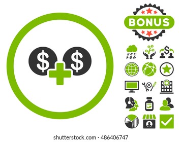 Coins Sum icon with bonus images. Vector illustration style is flat iconic bicolor symbols, eco green and gray colors, white background.