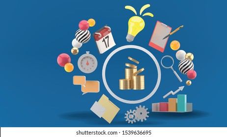Monedas rodeadas de ideas, gráficos, cartas, calendarios, relojes, lumbreras, engranajes de ensueño y toallas de escritura sobre un fondo azul.
