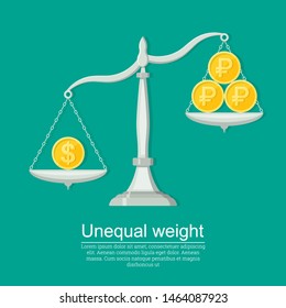 Coins with a symbol of dollar and ruble on scales.Overweight of currency. Business concept.Exchange rate. Elements for design. A vector illustration in flat style.