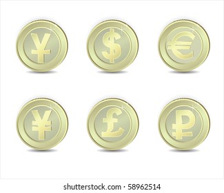 Coins With  Symbols Of Exchange:  Dollar, Euro, Pound, Ruble, Yuan, Yen. Vector.