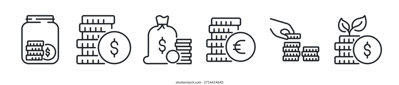Conjunto de iconos de línea delgada de monedas. Iconos mínimos de Web