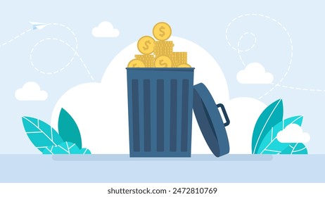 Coins thrown into a trash can. Collapse of the dollar. Trash can of with discarded money. Flat design. Vector illustration.