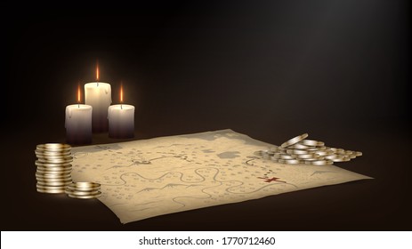 Coins and treasure map by candlelight, pirate table