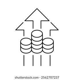Coins and uphill arrows. Isolated vector outline icon on white. EPS 10. Can be used for any platform or purpose. Investment concept. Growth business. Success illustration