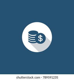 Coins of U.S.dollar solid flat icon and shadow style on blue background.