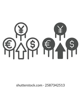 Coins value fly up line and solid icon, global sanctions concept. Vector graphics. Euro, yen and dollar coin with arrow sign on white background, outline style icon for mobile or web design