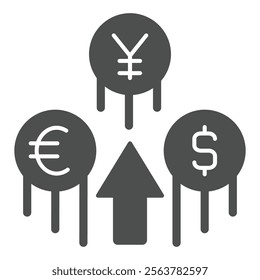 Coins value fly up solid icon, global sanctions concept. Vector graphics. Euro, yen and dollar coin with arrow sign on white background, glyph style icon for mobile or web design