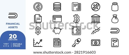 Coins, vaults, bitcoins, documents, piggy banks, shopping bags, calculators, bar charts, folders, and and transaction receipts for business analytics and financial strategy applications.