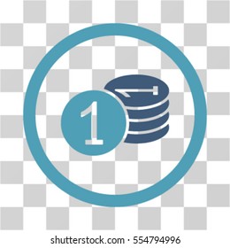 Coins vector bicolor rounded icon. Image style is a flat icon symbol inside a circle, cyan and blue colors, transparent background.