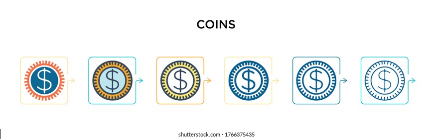 Coins vector icon in 6 different modern styles. Black, two colored coins icons designed in filled, outline, line and stroke style. Vector illustration can be used for web, mobile, ui svg
