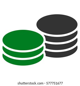 Coins vector icon. Illustration style is a flat iconic bicolor green and gray symbol on white background.