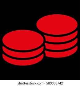 Coins vector icon. Illustration style is a flat iconic red symbol on black background.
